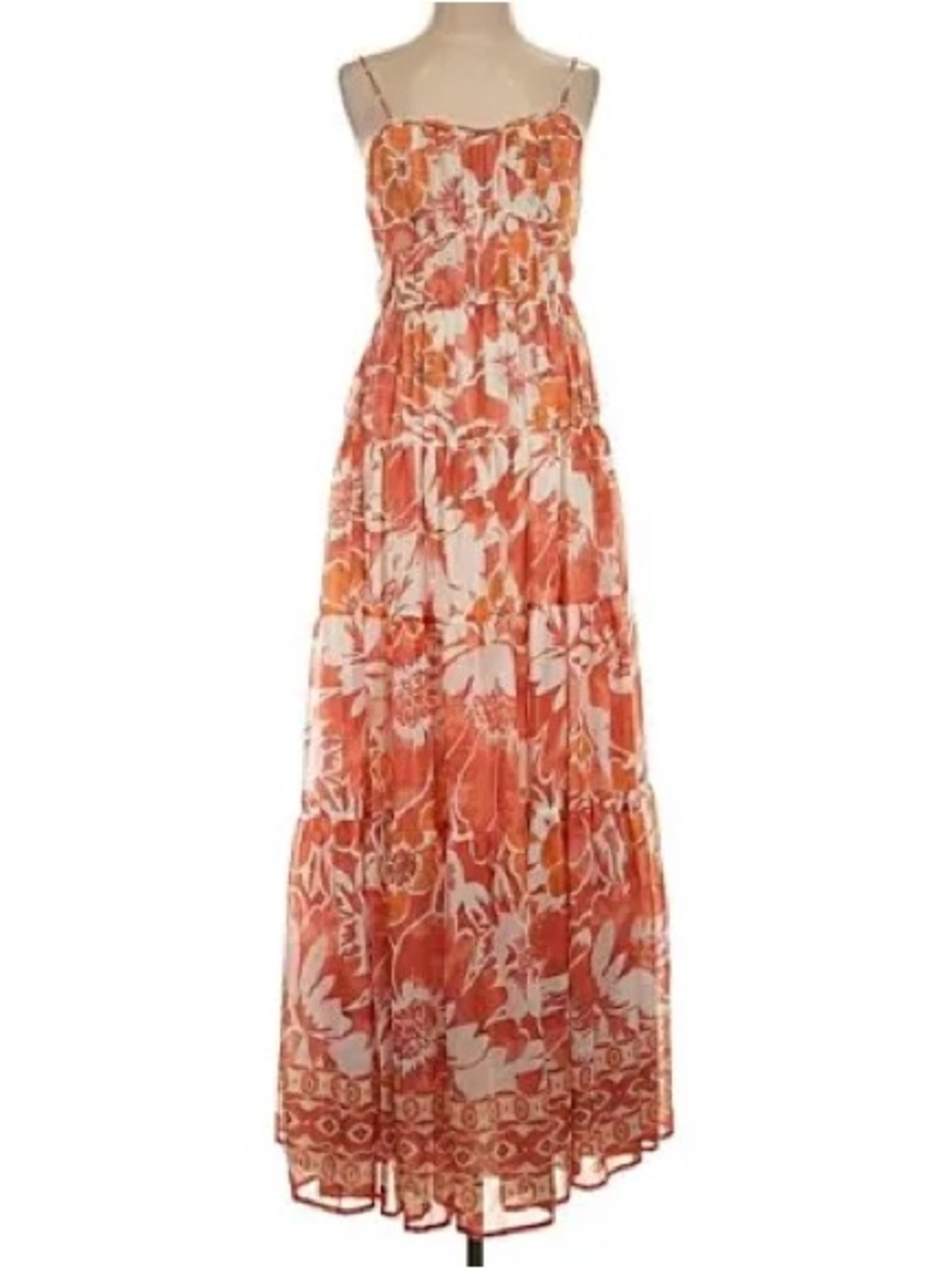 Avec Les Filles Orange and White Floral Tiered Maxi Dress